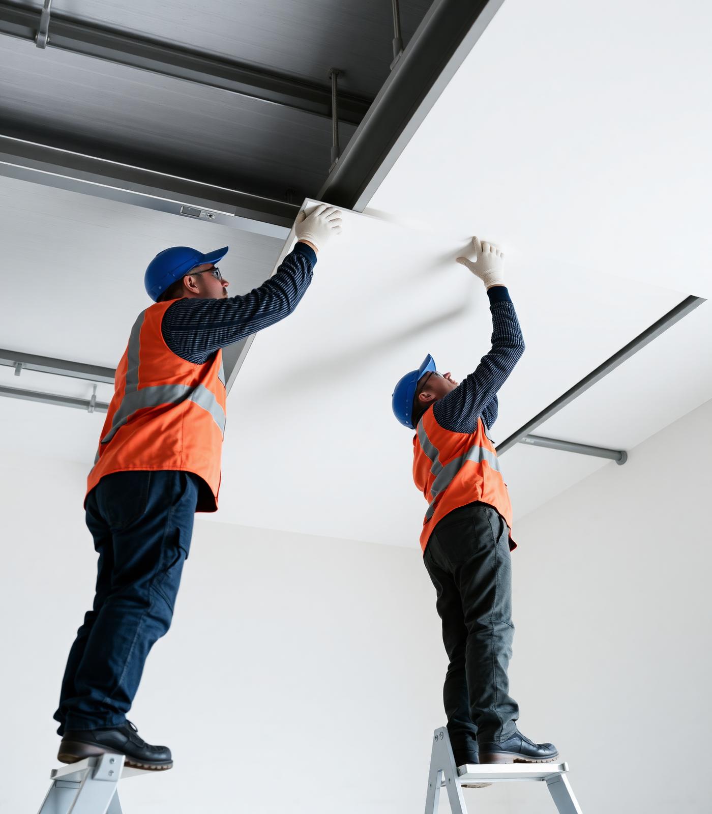 Instaladores profesionales colocando placas de pladur en un techo